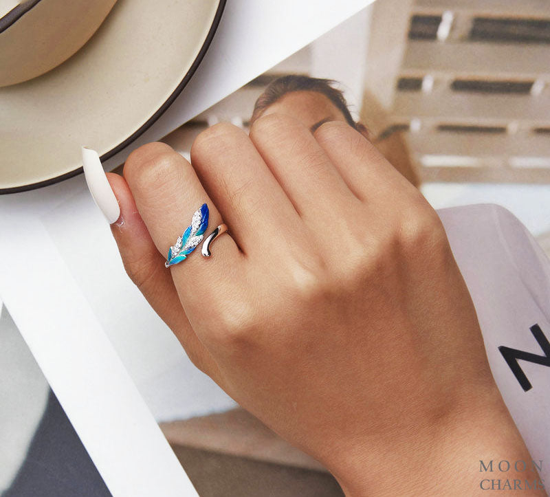 Authentic Dazzling Blue Feather Ring