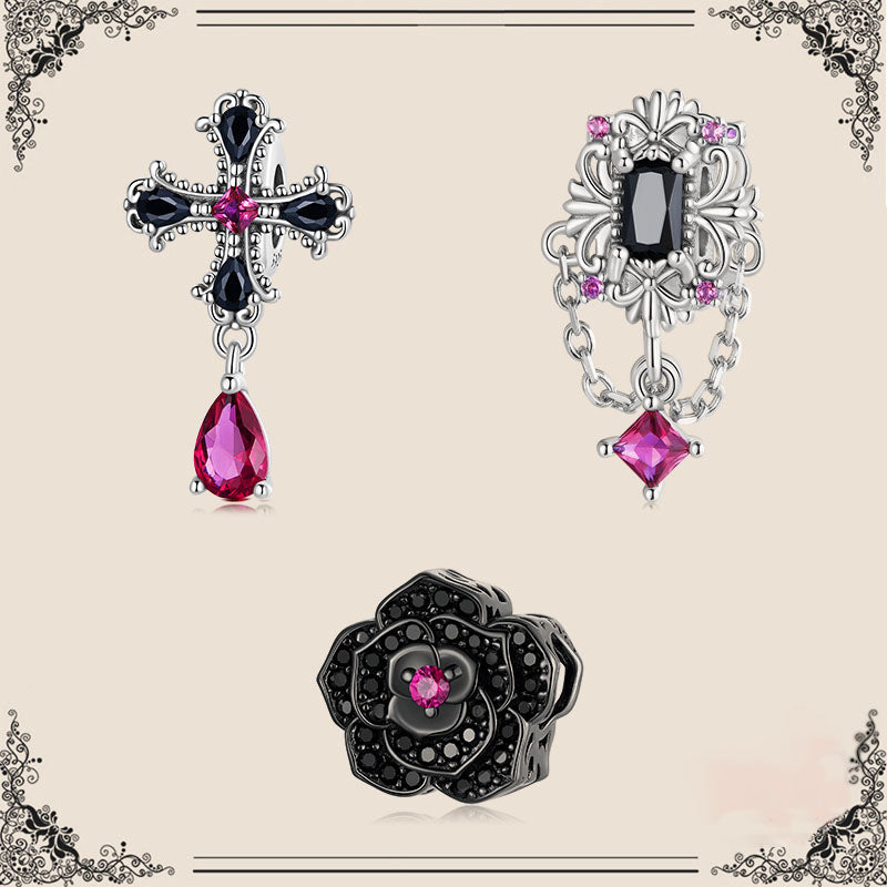 Gothic Cross & Black Rose Charms