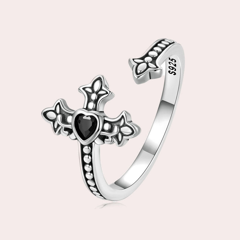 Black Heart Cross Open Ring