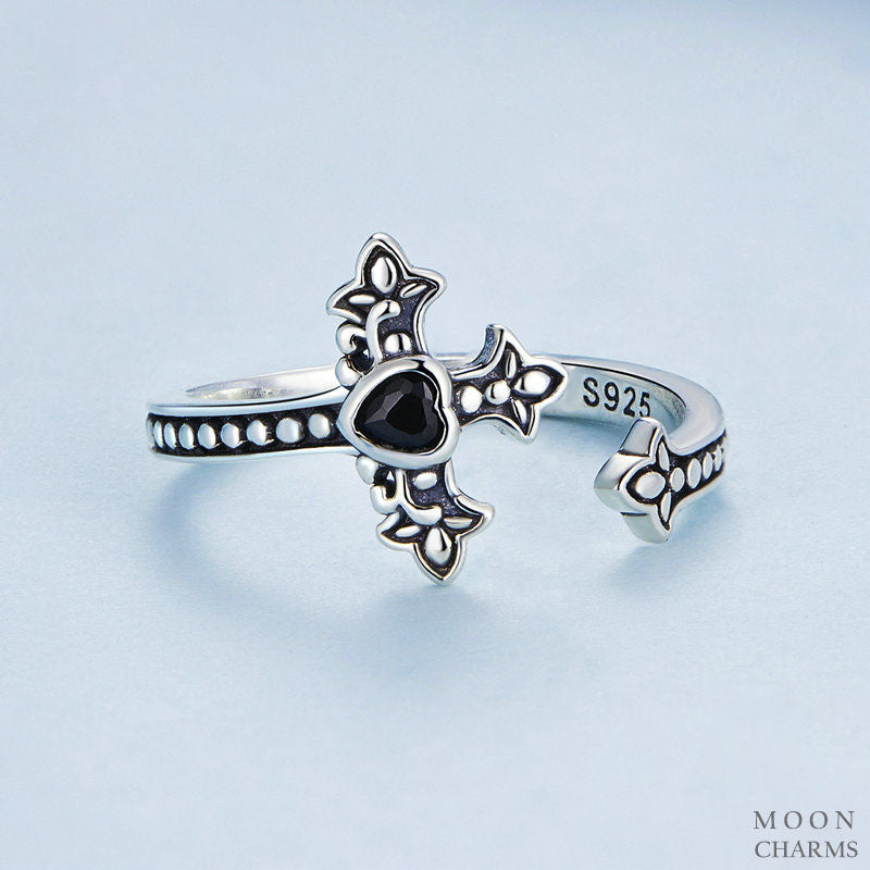 Black Heart Cross Open Ring